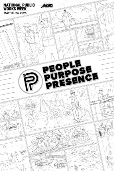 an image of a coloring page for the 2025 APWA National Public Works Week theme "People, Purpose, Presence"