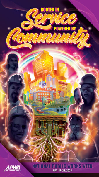 An illustration containing National Public Works Week dates and the theme "Rooted in Service, Powered by Community." Artwork of public works professionals powering a city through its underground pipes and roots.