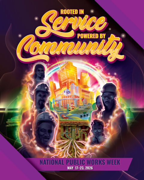An illustration containing National Public Works Week dates and the theme "Rooted in Service, Powered by Community." Artwork of public works professionals powering a city through its underground pipes and roots.