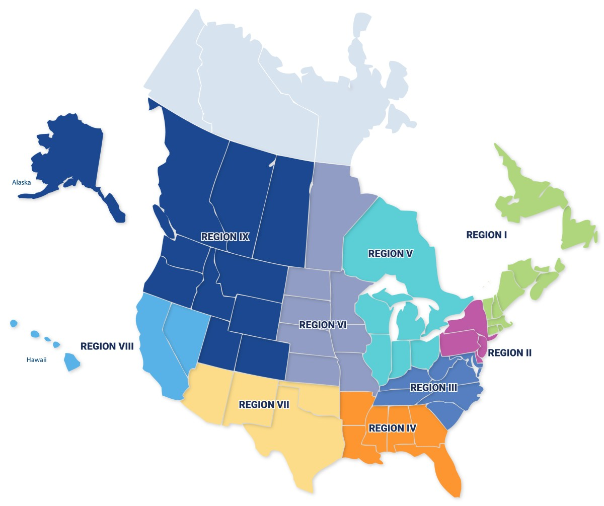 a map of the United States and Canada that shows the nine APWA regions