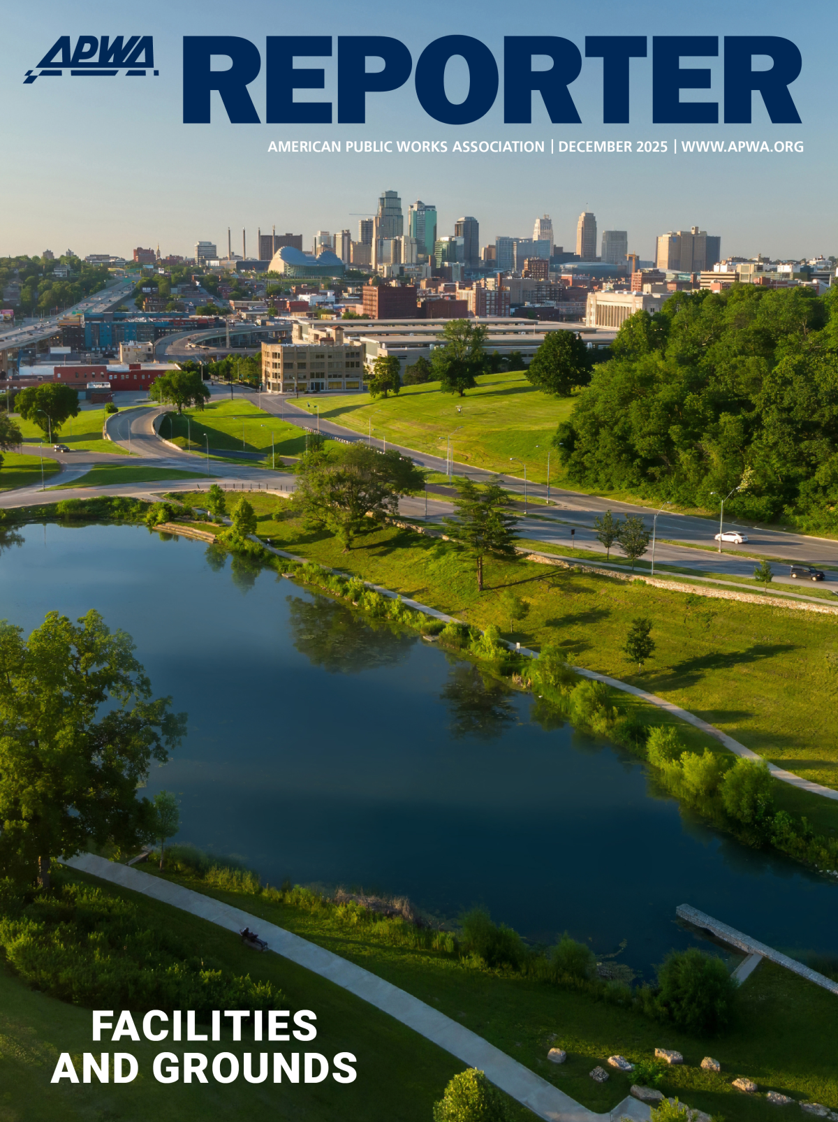 The December 2025 APWA Reporter cover showing a city skyline in the background and green space in the foreground.