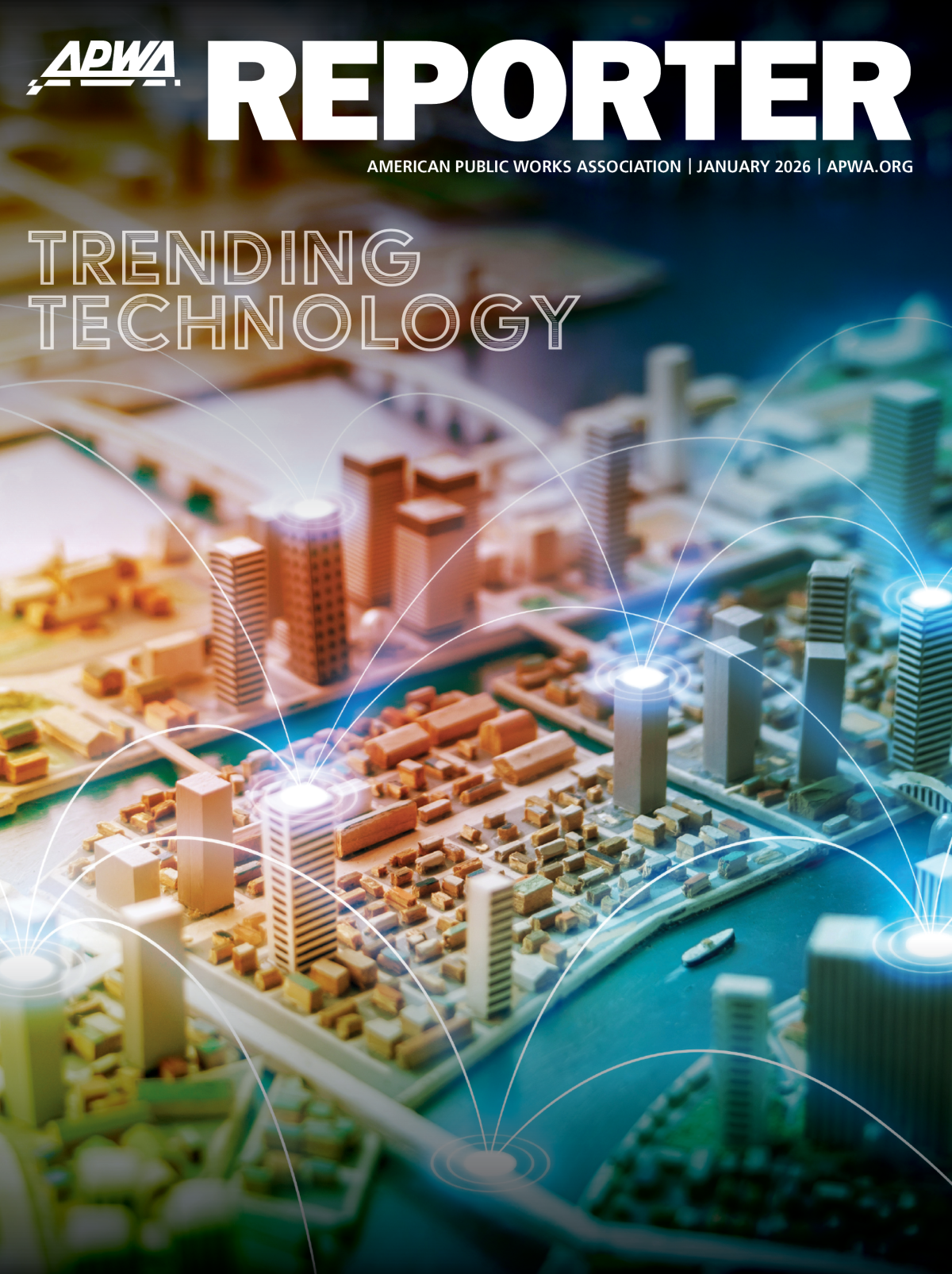 The January 2026 APWA Reporter cover with an illustration of a connected city and the words "Trending Technology."