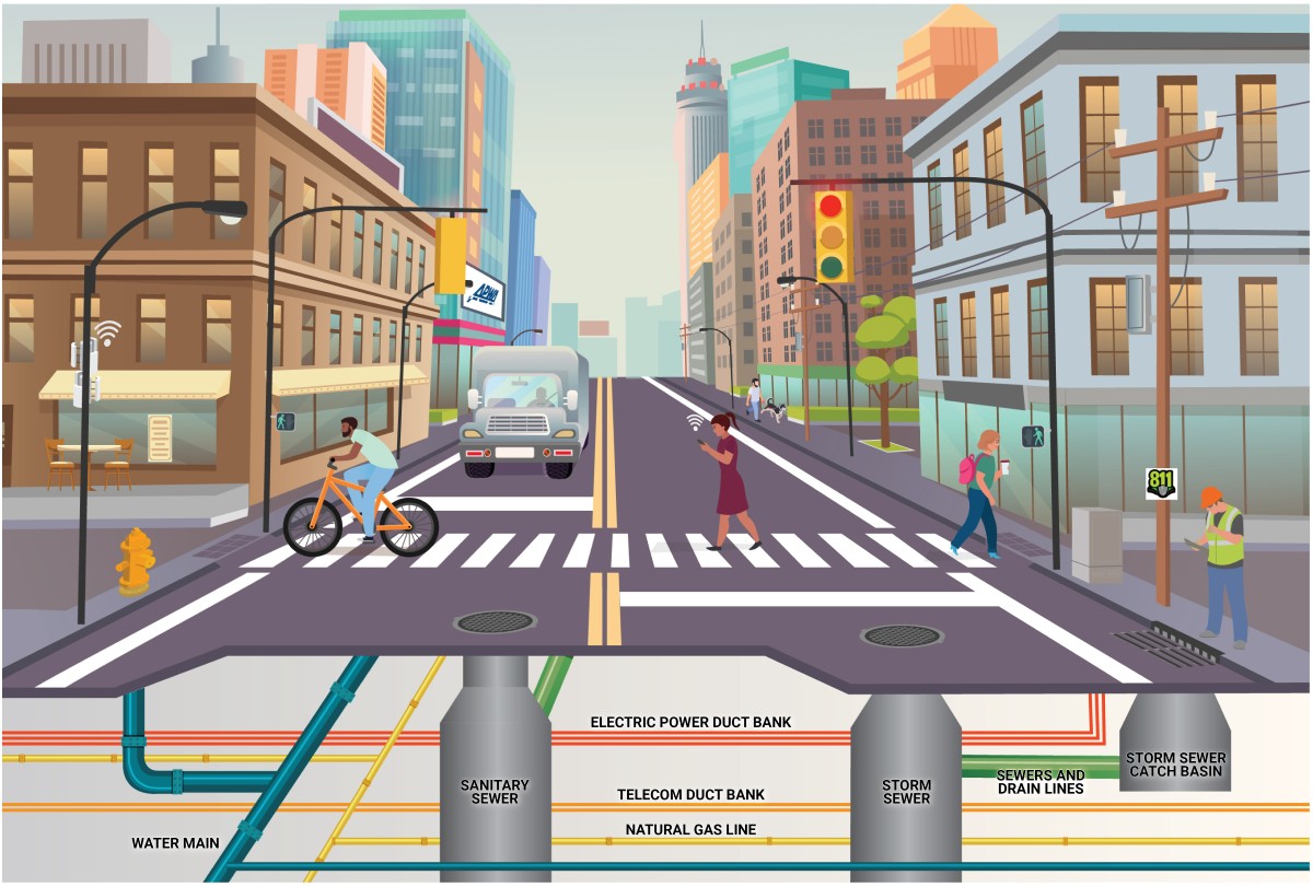 A colorful illustration showing a city street with lights, buildings, pedestrians, a public works professional, a truck, and underground utilities.