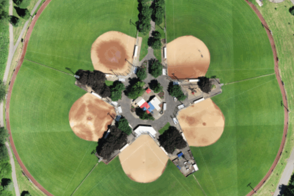 A drone photo of baseball fields, buildings, and trees.