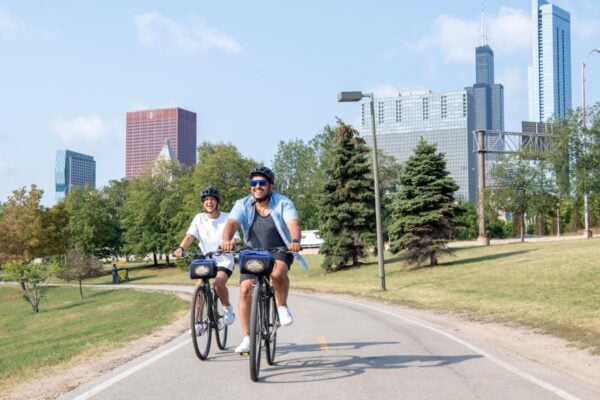 a photograph of cyclists on a path in Chicago