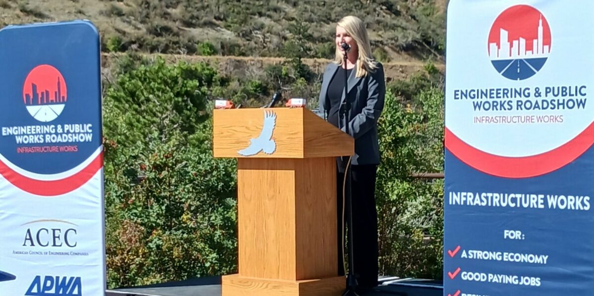 U.S. Representative Brittany Pettersen addresses the crowd at the Engineering and Public Works Roadshow stop in Colorado