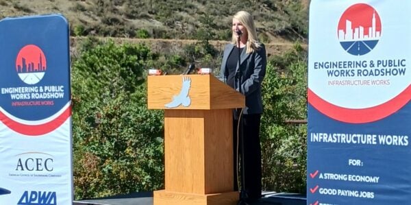 U.S. Representative Brittany Pettersen addresses the crowd at the Engineering and Public Works Roadshow stop in Colorado