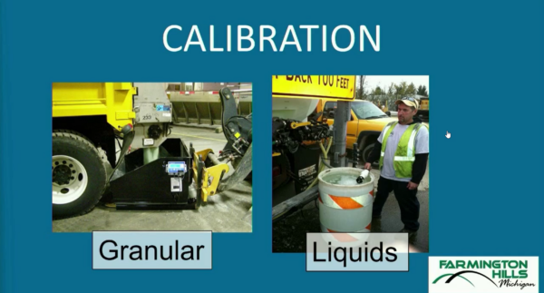 a presentation slide containing photos of calibrating equipment when using granular vs liquids