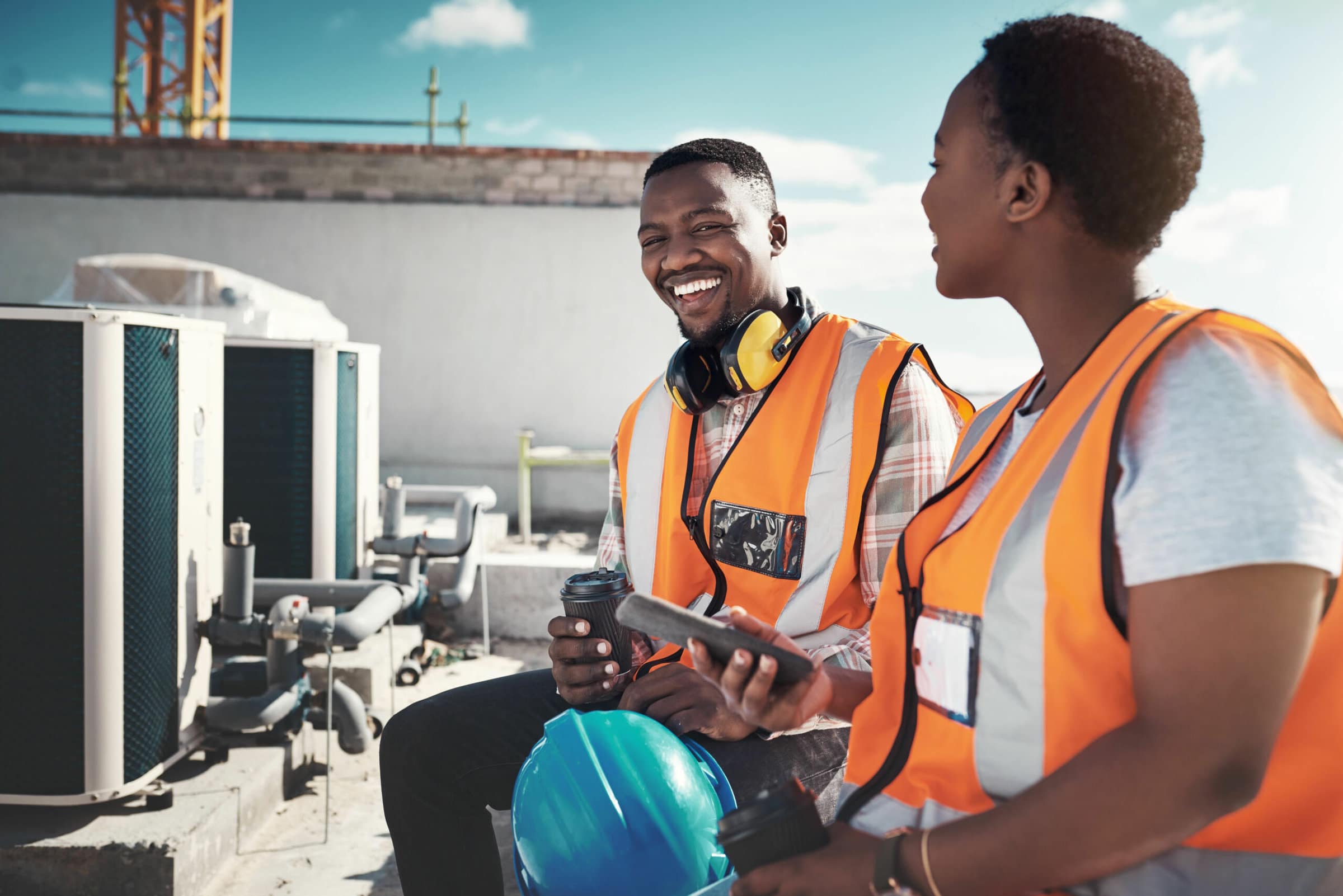 Happy engineers talking