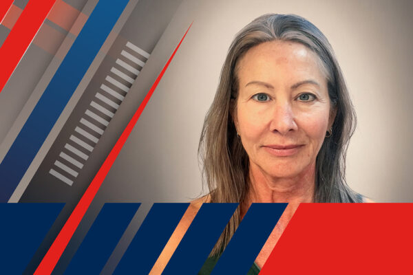 A headshot of Jennifer Morrow with red and blue design elements.