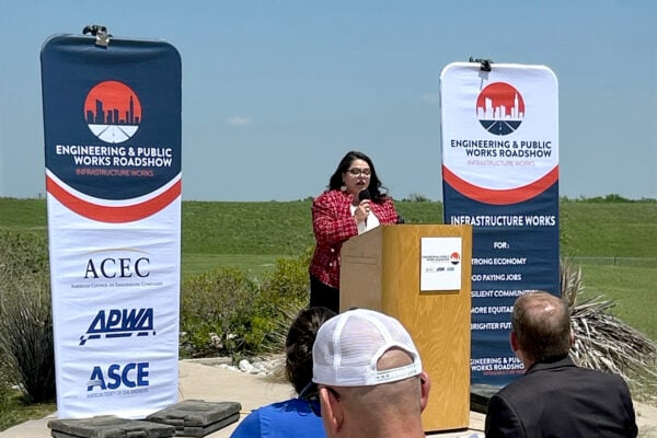 Kristina Ramirez speaks to the crowd gathered for a stop on the Engineering & Public Works Roadshow