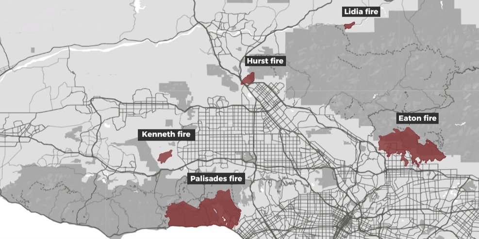 a map showing active wildfires in 2025 in Southern California