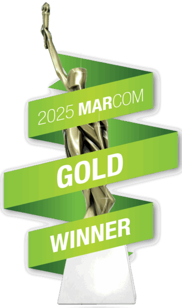 An illustration of a gold award with the words "2025 MarCom Gold Winner."