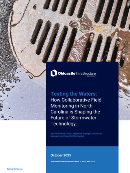 The cover of an Oldcastle Infrastructure white paper with a storm drain and the title "Testing the Waters: How Collaborative Field Monitoring in North Carolina is Shaping the Future of Stormwater Technology."