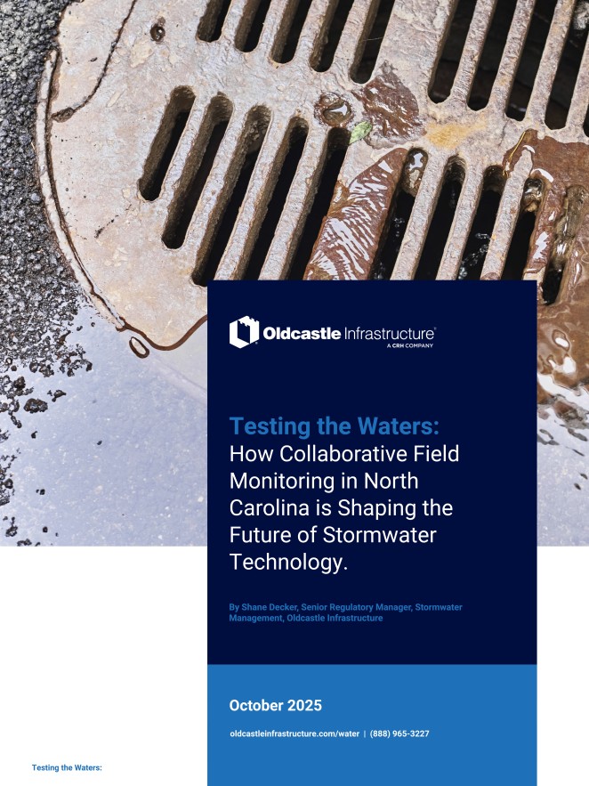 The cover of an Oldcastle Infrastructure white paper with a storm drain and the title "Testing the Waters: How Collaborative Field Monitoring in North Carolina is Shaping the Future of Stormwater Technology."
