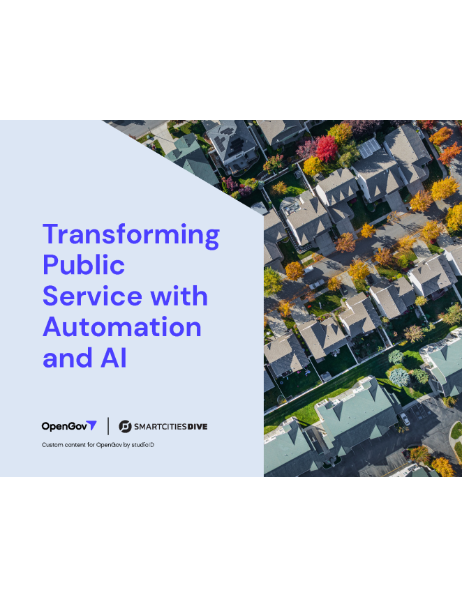 Cover of a whitepaper with an aerial shot of a neighborhood and the title: Transforming Public Service with Automation and AI