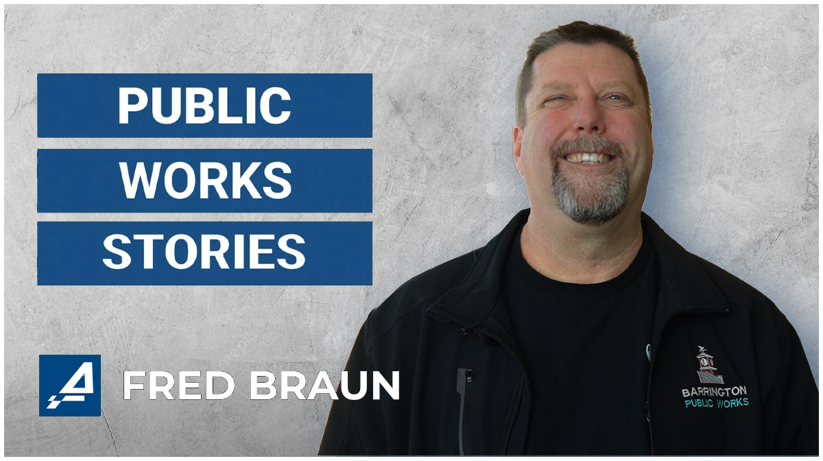 Fred Braun in a dark jacket against a gray background. Blue banners read "Public Works Stories."