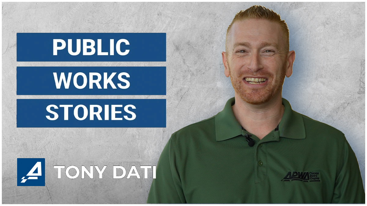 Tony Dati in a green polo shirt against a gray background. Blue banners read "Public Works Stories."