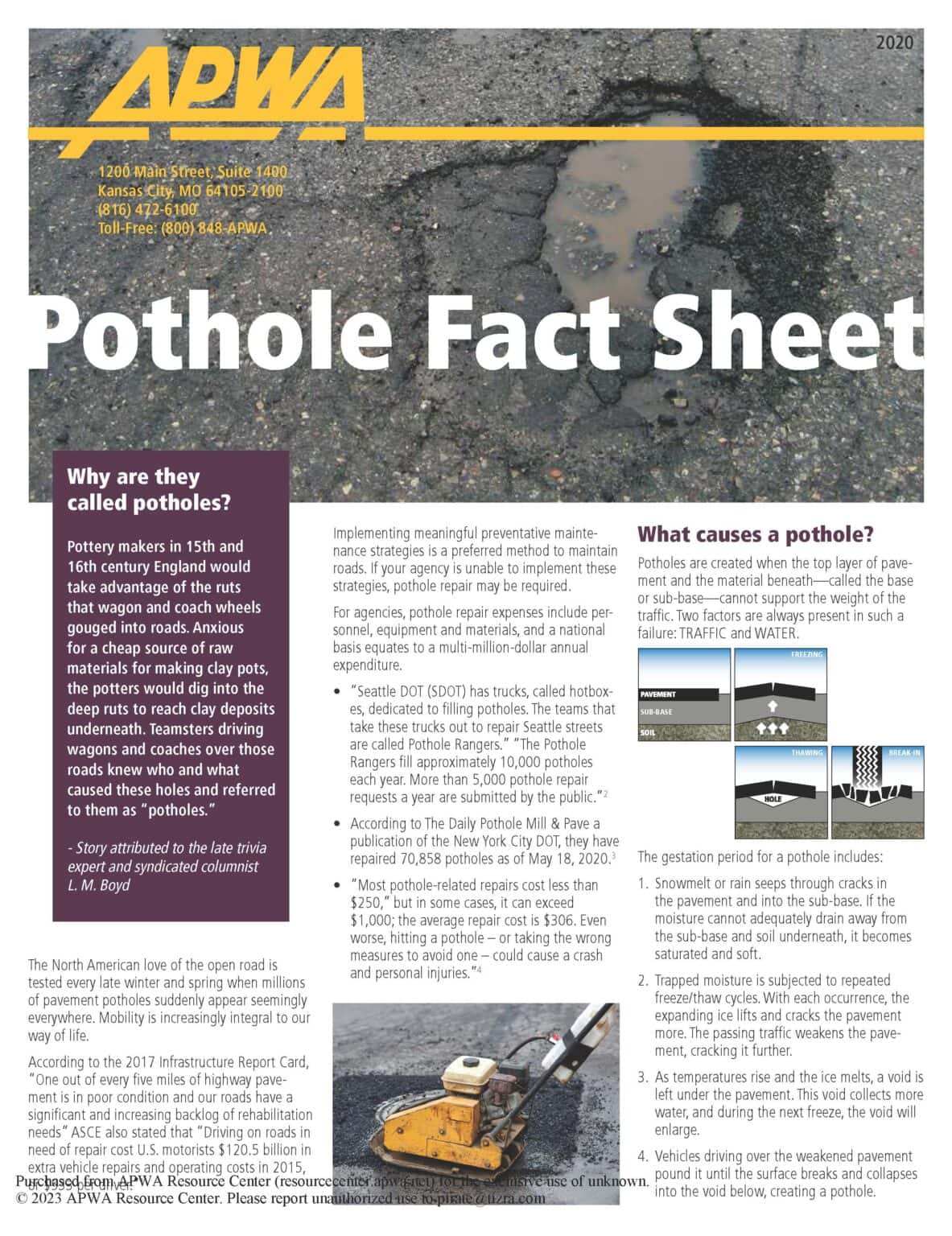 Pothole Fact Sheet American Public Works Association
