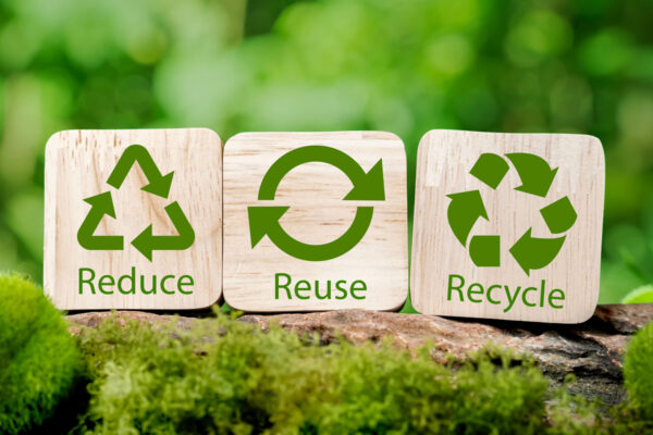 Three wooden blocks featuring reduce, reuse, and recycle symbols sit atop a mossy rock.