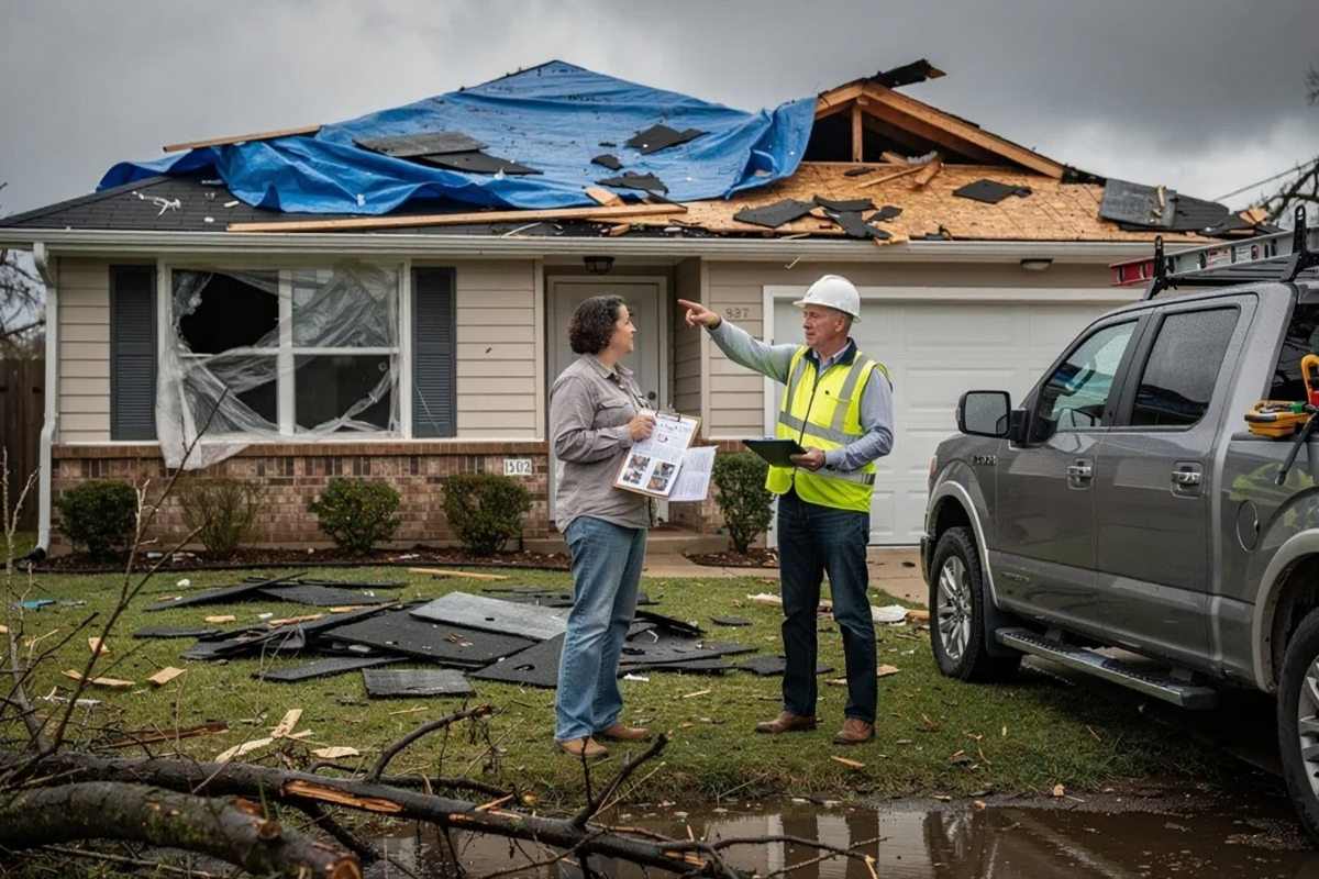 Storm-damaged house with a torn roof and debris, as a public works professional consults a homeowner beside a truck under dark skies.