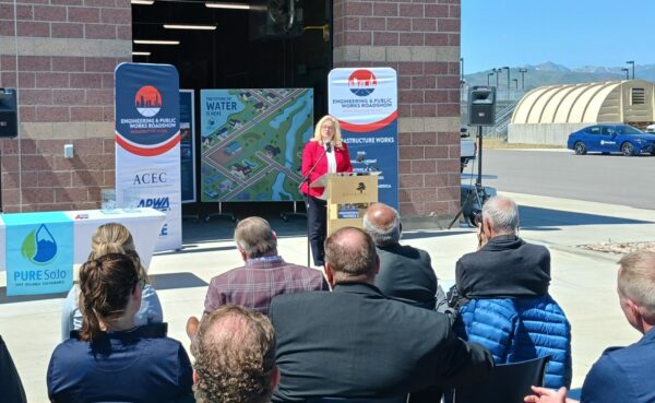 a photo of South Jordan, Utah, Mayor Dawn R. Ramsey speaking to a crowd about Pure SoJo, a water purification facility