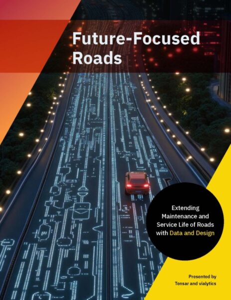 The cover of Tensar's Future-Focused Roads eBook, which has an illustration of a car driving on a road.