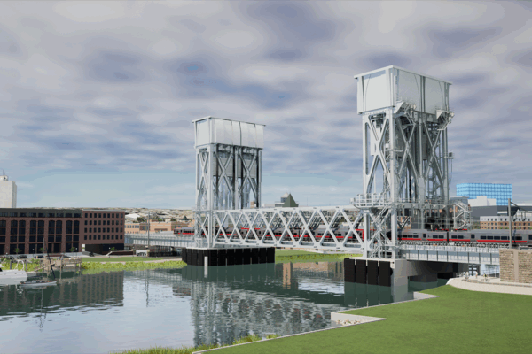 a conceptual rendering of a bridge over water with buildings nearby
