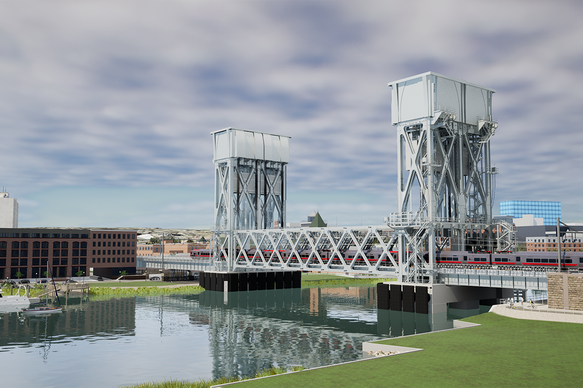 a conceptual rendering of a bridge over water with buildings nearby
