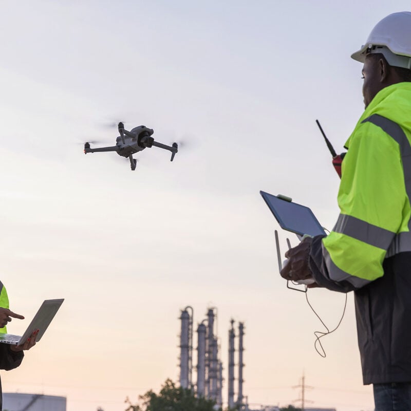Engineer surveyor team Use drone for operator inspecting and survey construction site. Surveyors or explorer use drones to view construction sites or check security