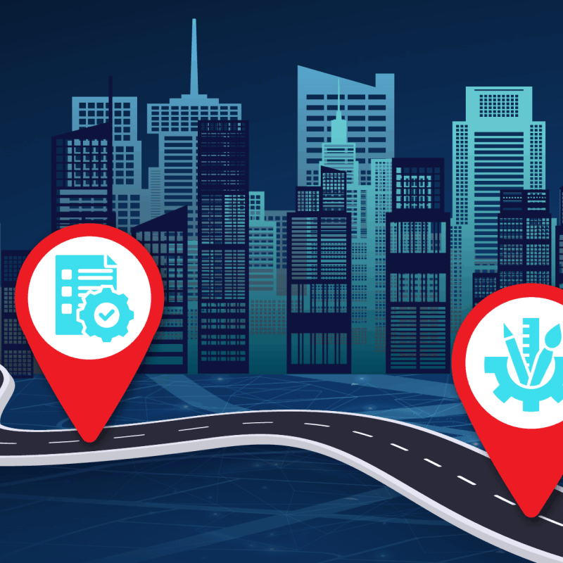 An illustration of a downtown skyline with map markers on a winding road.