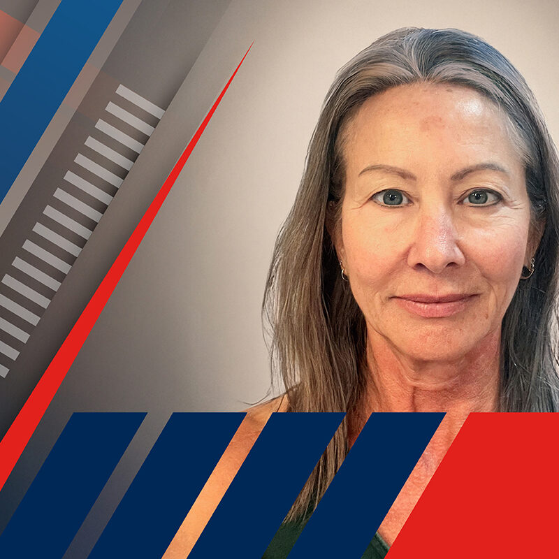 A headshot of Jennifer Morrow with red and blue design elements.