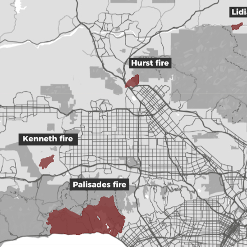 a map showing active wildfires in 2025 in Southern California