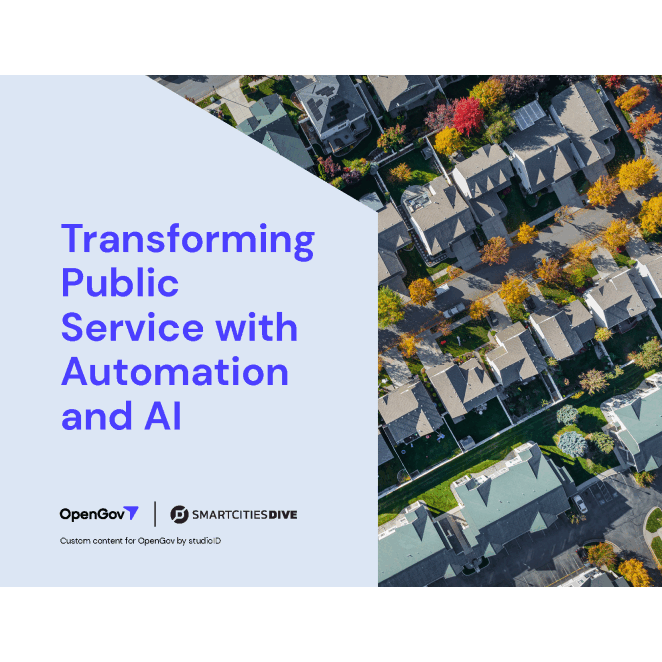 Cover of a whitepaper with an aerial shot of a neighborhood and the title: Transforming Public Service with Automation and AI