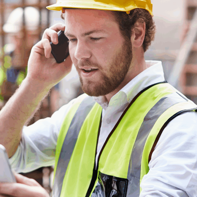 a man wearing a hard hat and safety vest talking on the phone