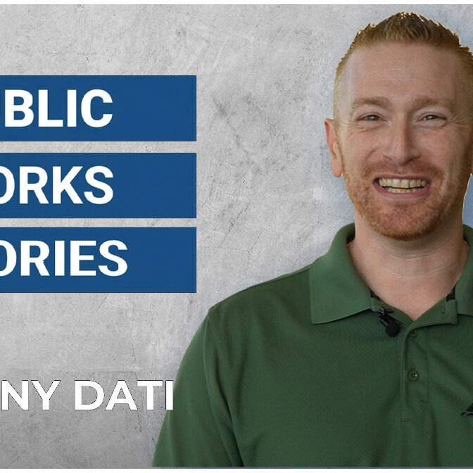 Tony Dati in a green polo shirt against a gray background. Blue banners read "Public Works Stories."