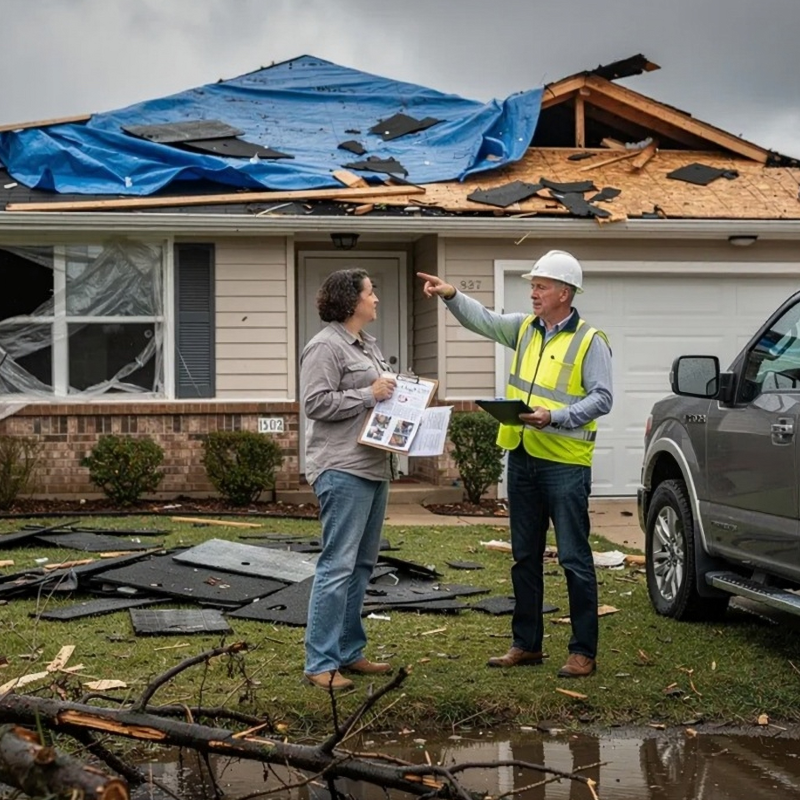 Storm-damaged house with a torn roof and debris, as a public works professional consults a homeowner beside a truck under dark skies.