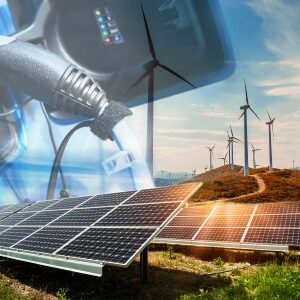 a collage of images representing sustainability: electric vehicle, solar panels, and a wind farm