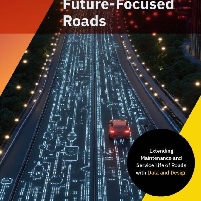 The cover of Tensar's Future-Focused Roads eBook, which has an illustration of a car driving on a road.