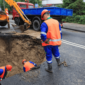 Road repairing with crane truck