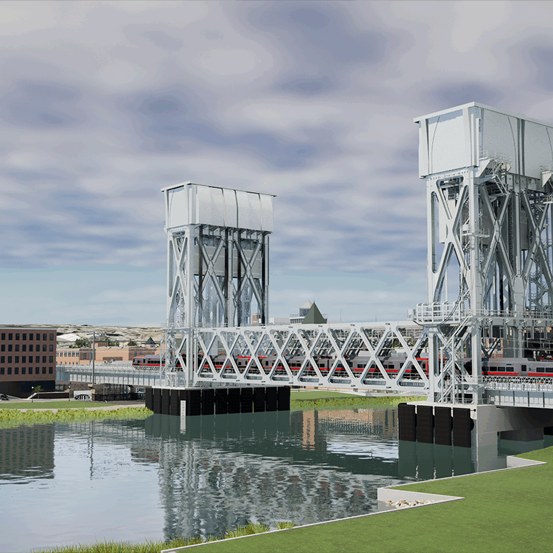 a conceptual rendering of a bridge over water with buildings nearby