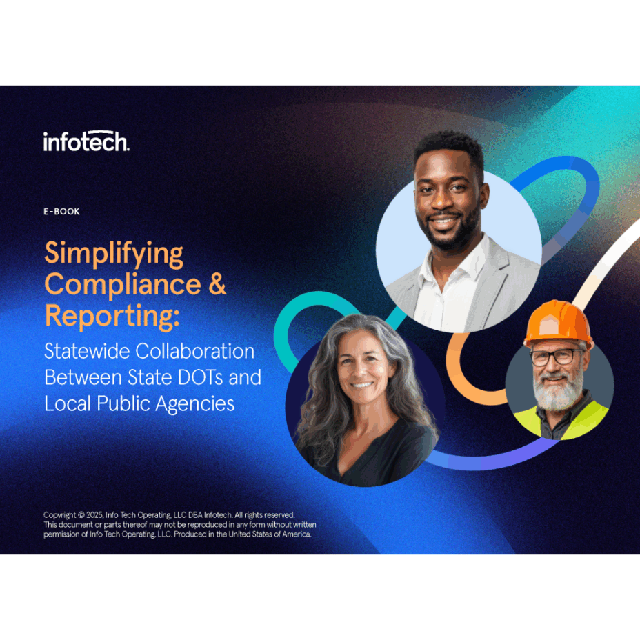 Infotech's e-book cover image with three people and the words "Simplifying Compliance & Reporting."
