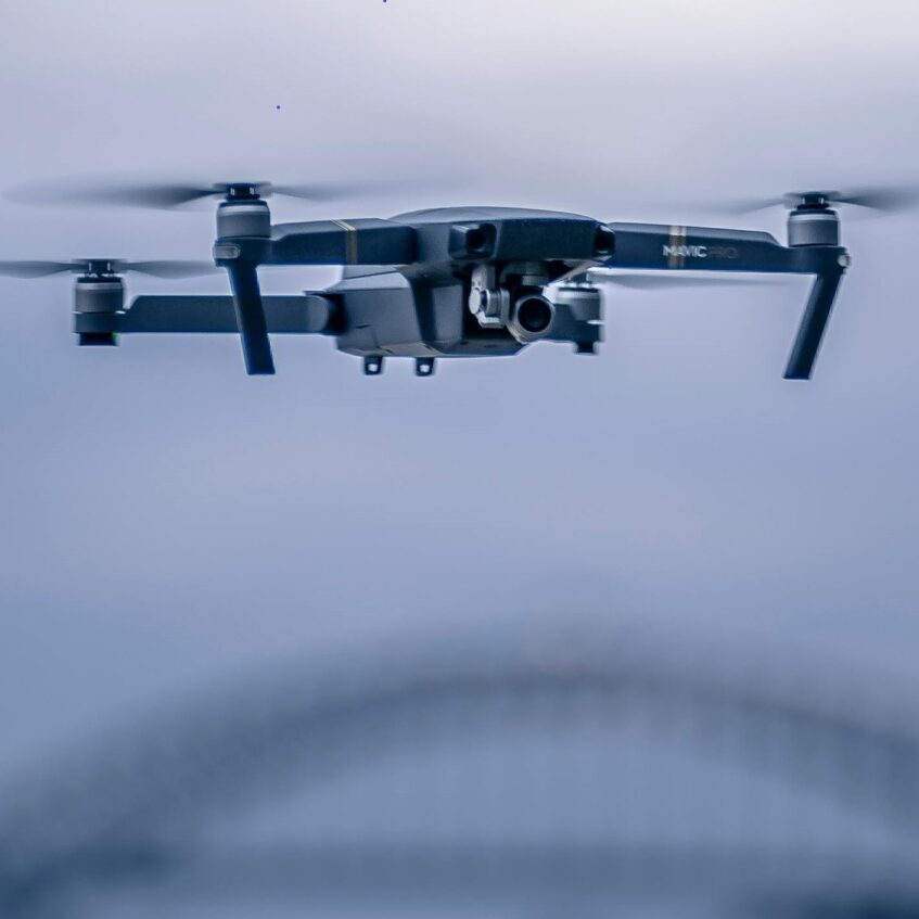 A drone flies on a cloudy day.