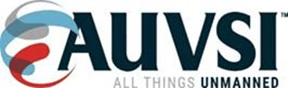 Logo of the Association for Unmanned Vehicle Systems International (AUVSI) with the colors blue, dark blue and red. It has eliptical shapes in the begging, 