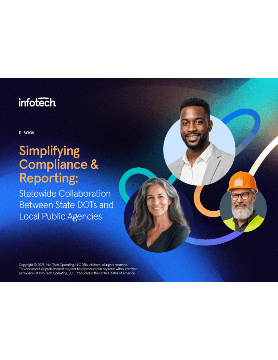 Infotech's e-book cover image with three people and the words "Simplifying Compliance & Reporting."